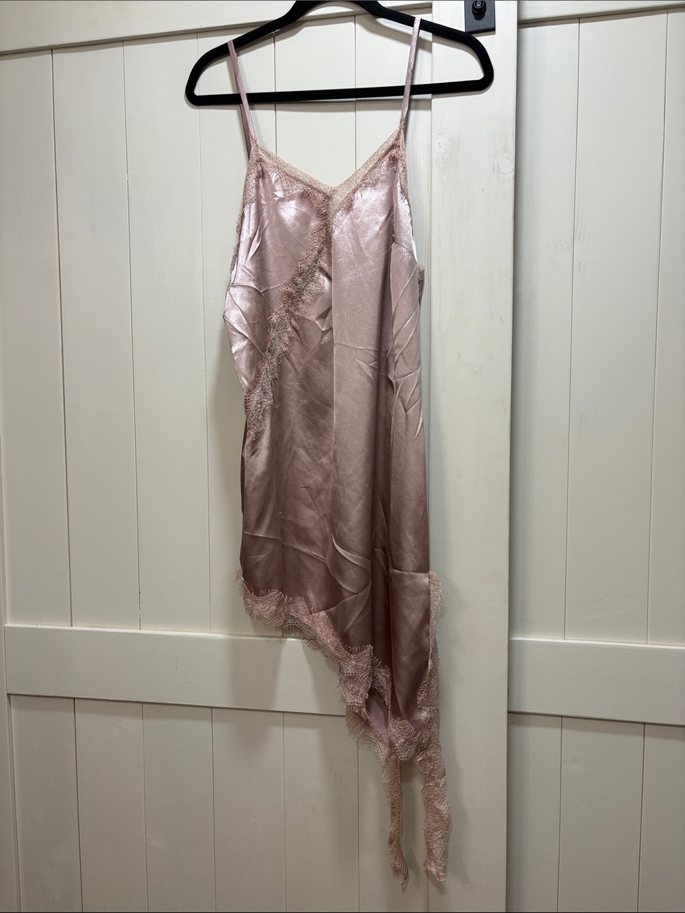 SHEIN Rose Satin Lace-Trim Asymmetric Slip Dress